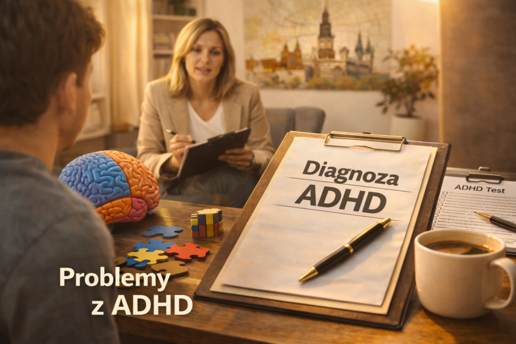 Dorosły mężczyzna rozmawia z psychologiem o trudnościach z koncentracją